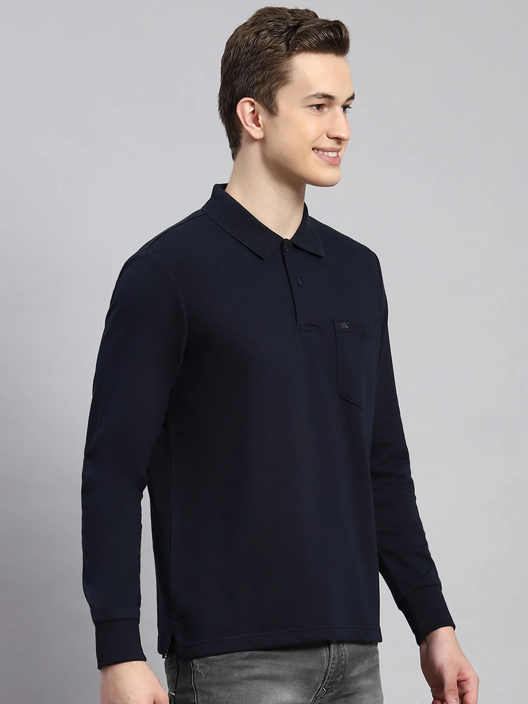 Men Navy Blue Plain Winter T-Shirt - Image 3