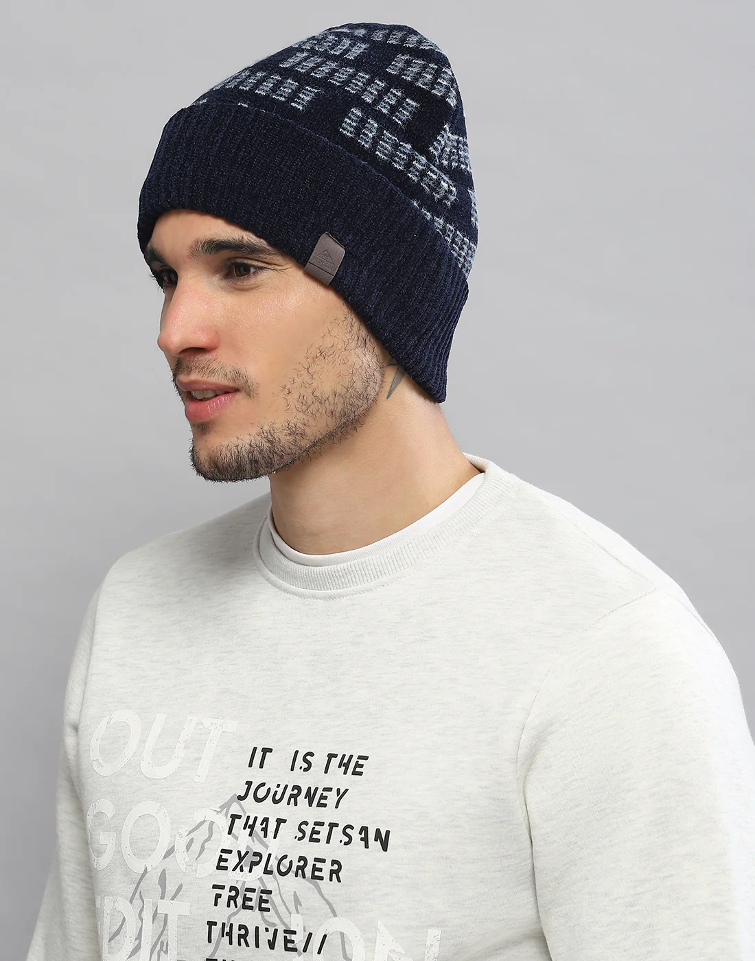 Men Navy Blue Printed Blend Wool Cap - Image 2