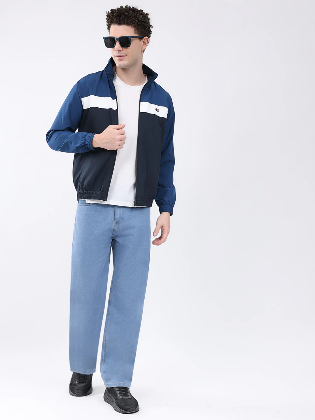 Men Navy Blue Printed Collar Full Sleeve Jacket - Image 2
