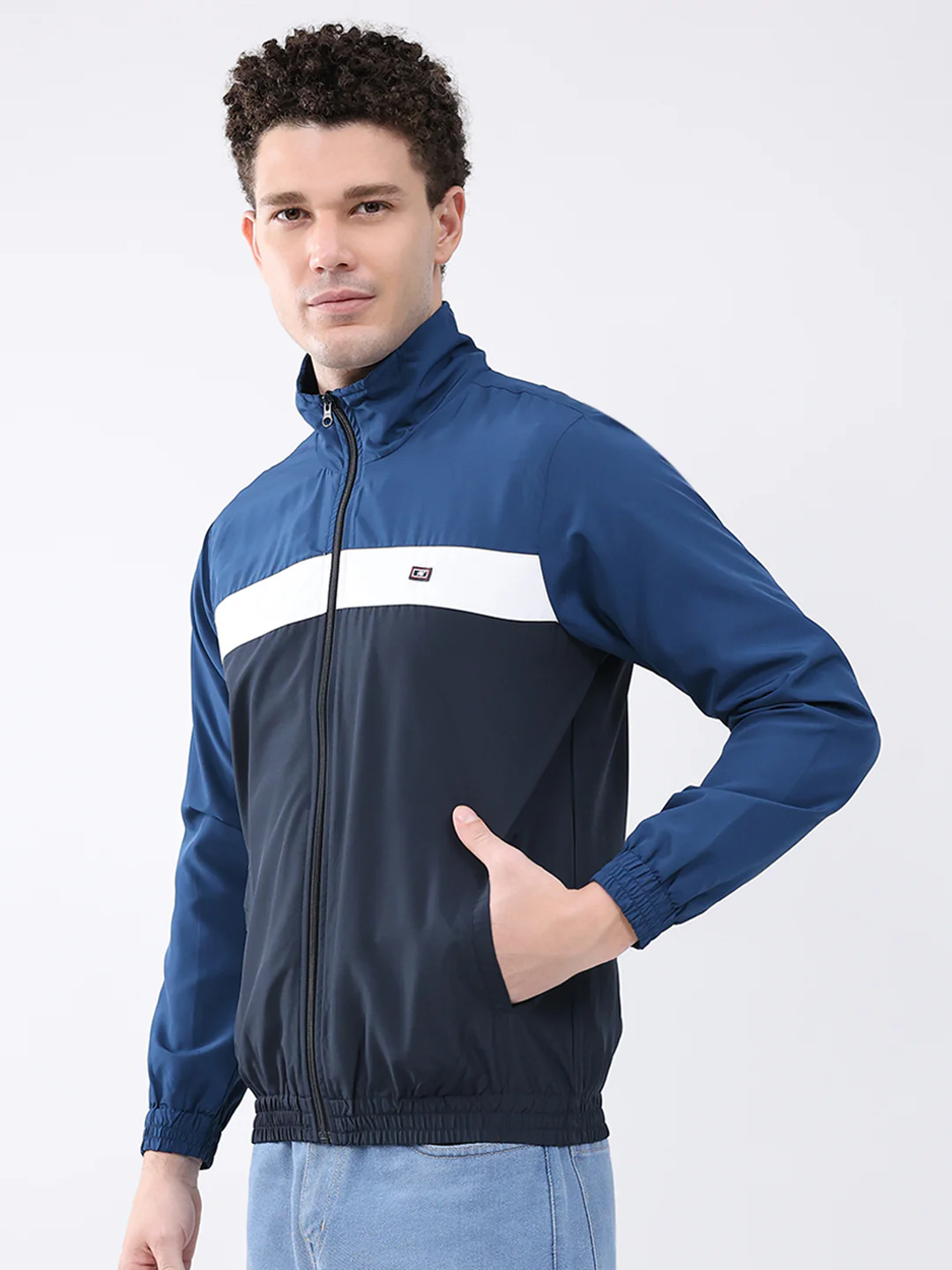 Men Navy Blue Printed Collar Full Sleeve Jacket - Image 3