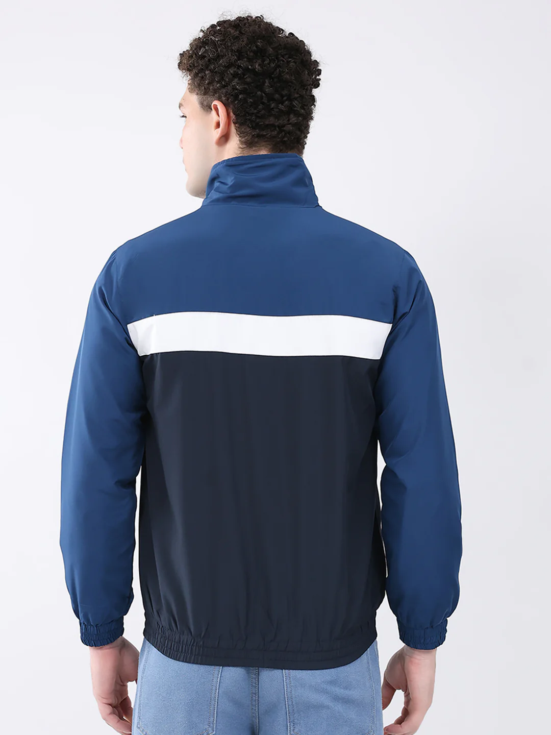 Men Navy Blue Printed Collar Full Sleeve Jacket - Image 5