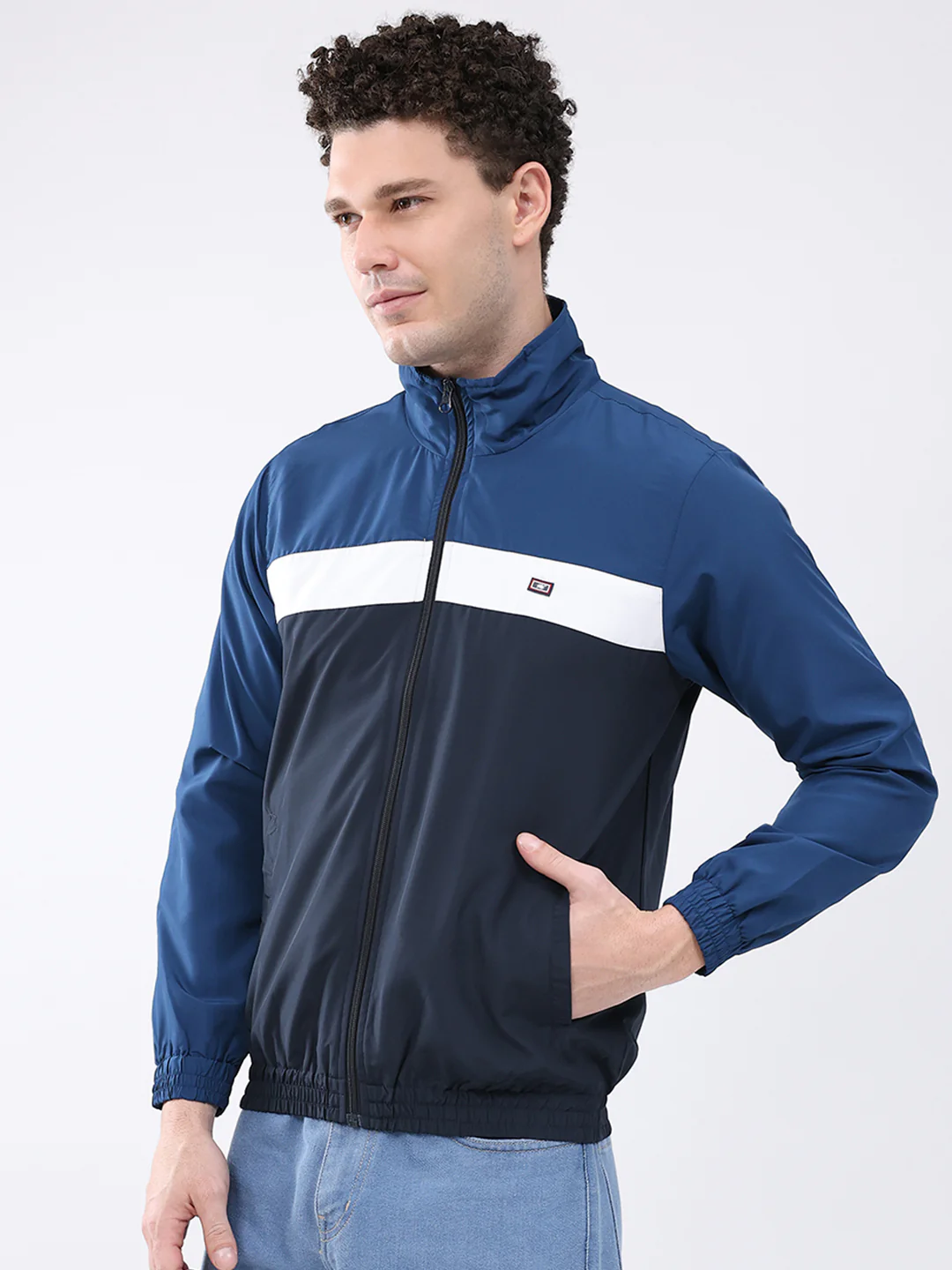 Men Navy Blue Printed Collar Full Sleeve Jacket - Image 6