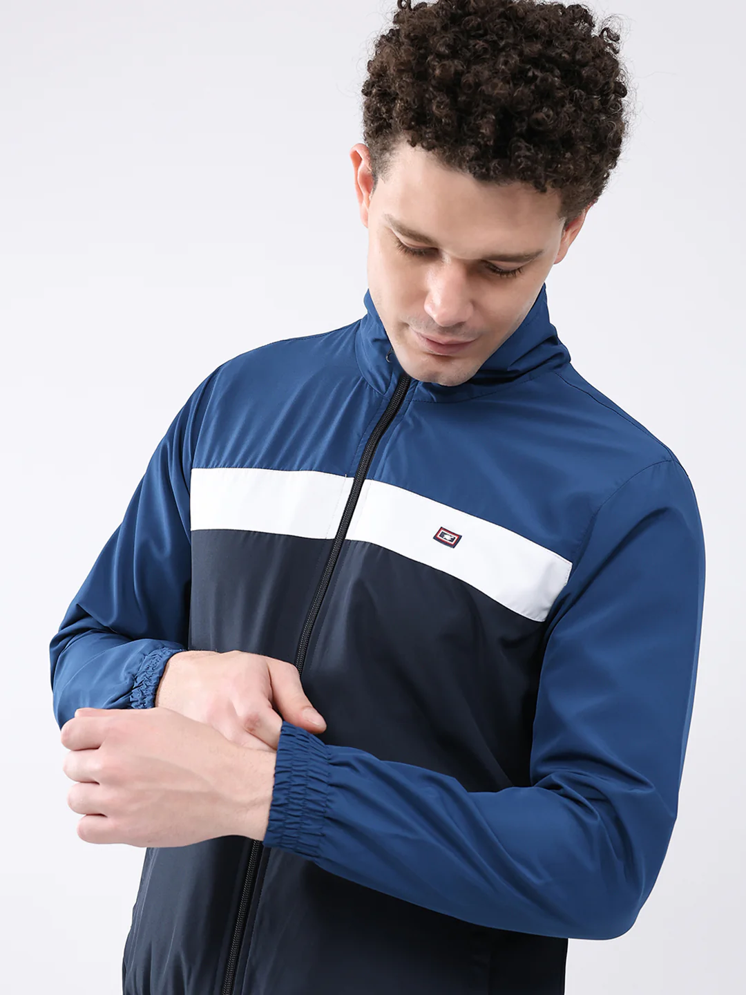 Men Navy Blue Printed Collar Full Sleeve Jacket - Image 7