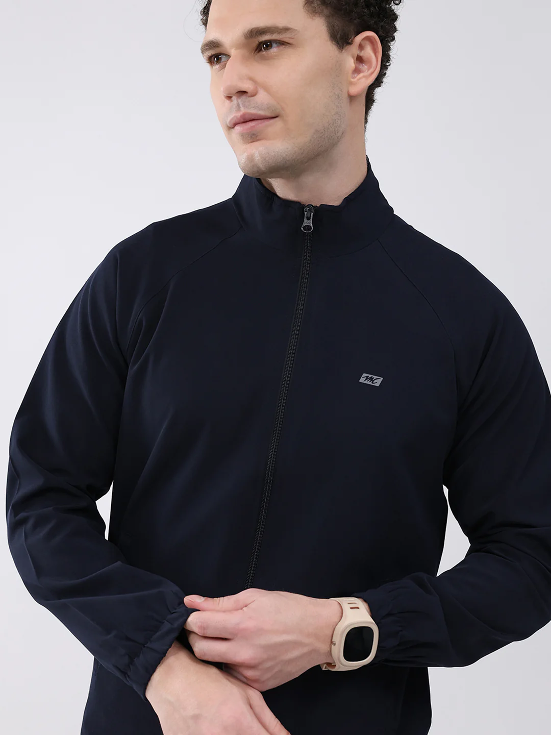 Men Navy Blue Printed Collar Full Sleeve Jacket - Image 6
