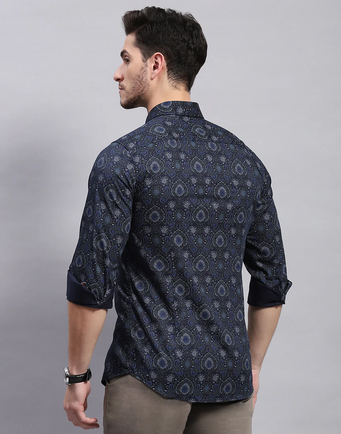 Men Navy Blue Printed Collar Full Sleeve Shirt - Image 5