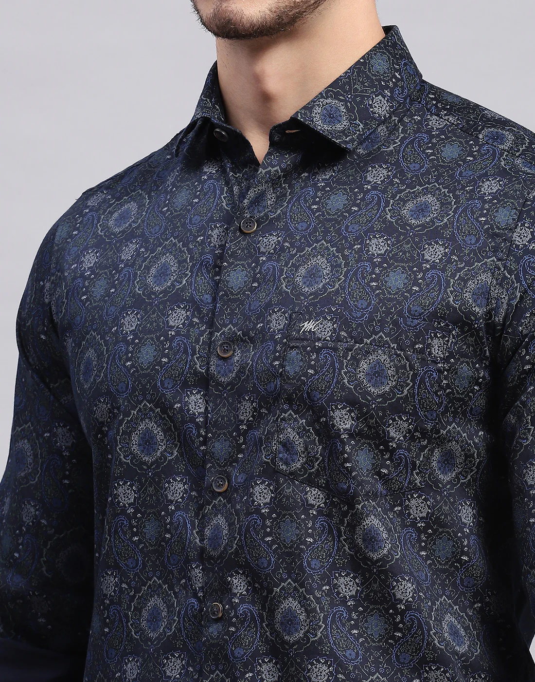 Men Navy Blue Printed Collar Full Sleeve Shirt - Image 6