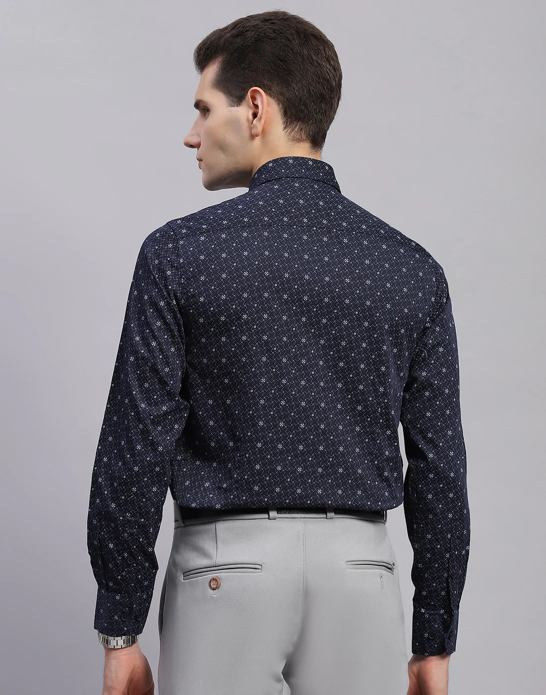 Men Navy Blue Printed Collar Full Sleeve Shirt - Image 5