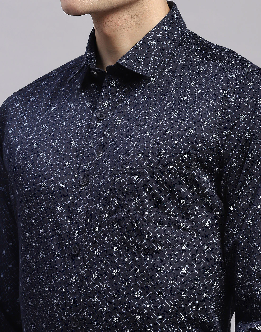 Men Navy Blue Printed Collar Full Sleeve Shirt - Image 6