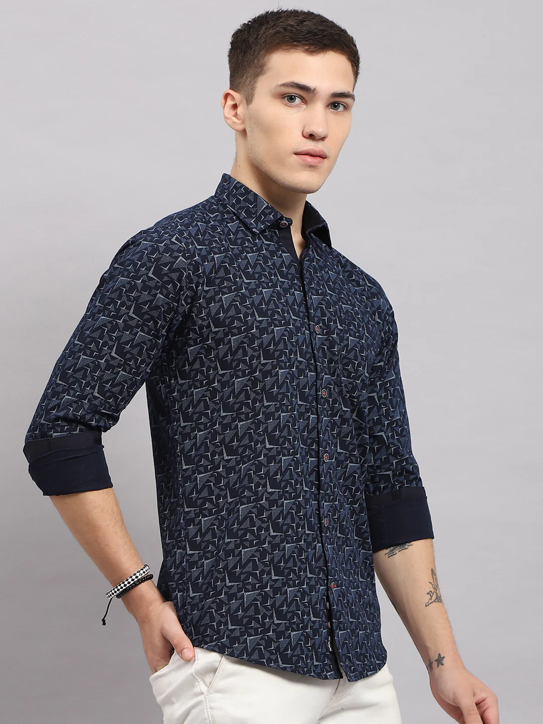Men Navy Blue Printed Collar Full Sleeve Shirt - Image 4