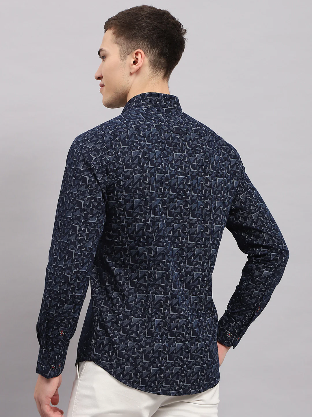 Men Navy Blue Printed Collar Full Sleeve Shirt - Image 5