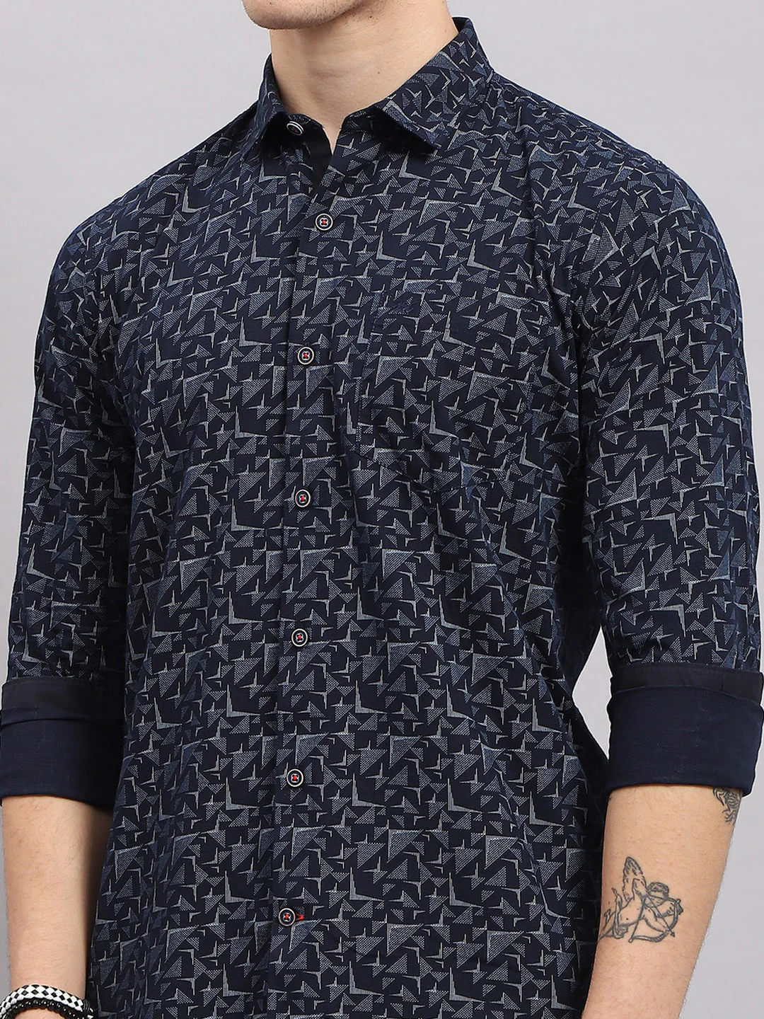 Men Navy Blue Printed Collar Full Sleeve Shirt - Image 7