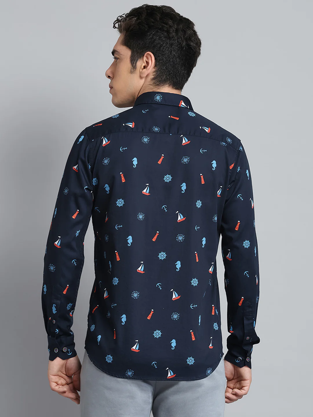 Men Navy Blue Printed Collar Full Sleeve Shirt - Image 5