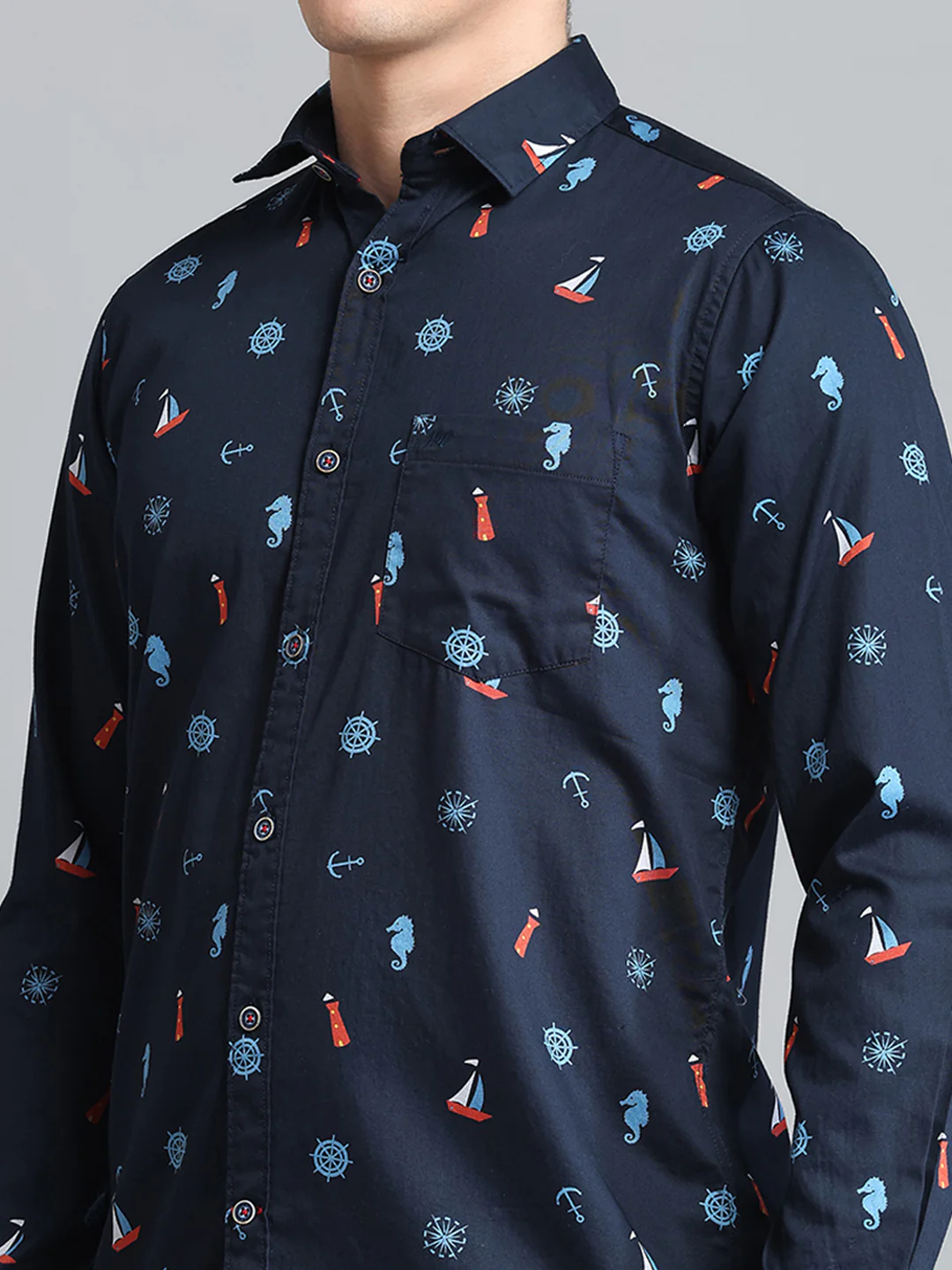Men Navy Blue Printed Collar Full Sleeve Shirt - Image 6