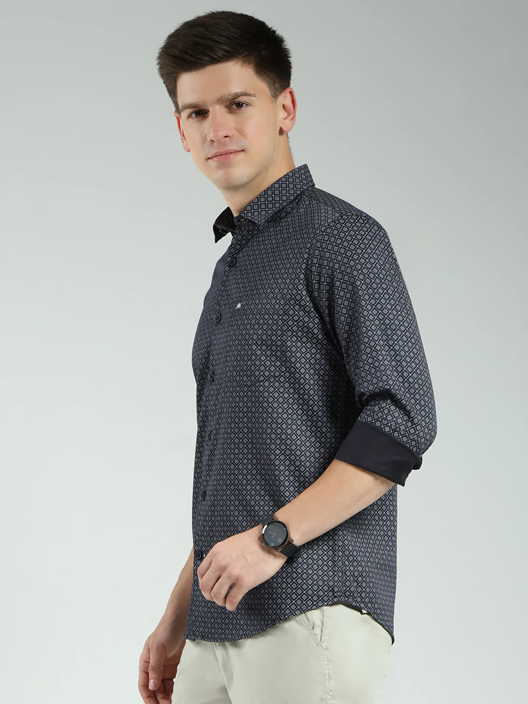 Men Navy Blue Printed Collar Full Sleeve Shirt - Image 3