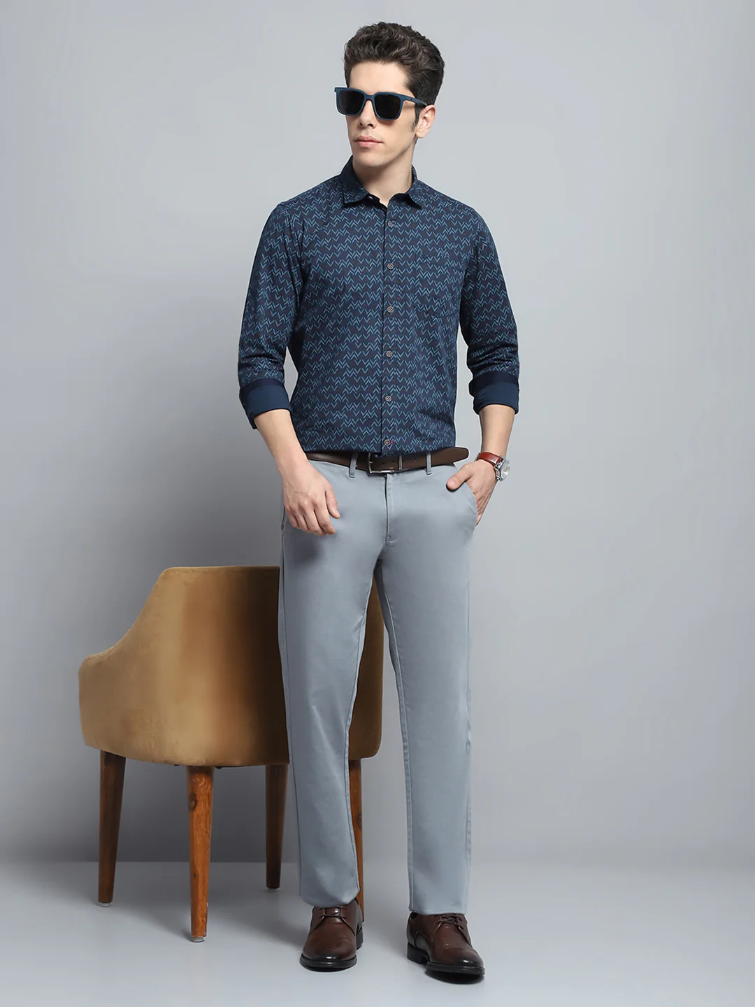 Men Navy Blue Printed Collar Full Sleeve Shirt - Image 2