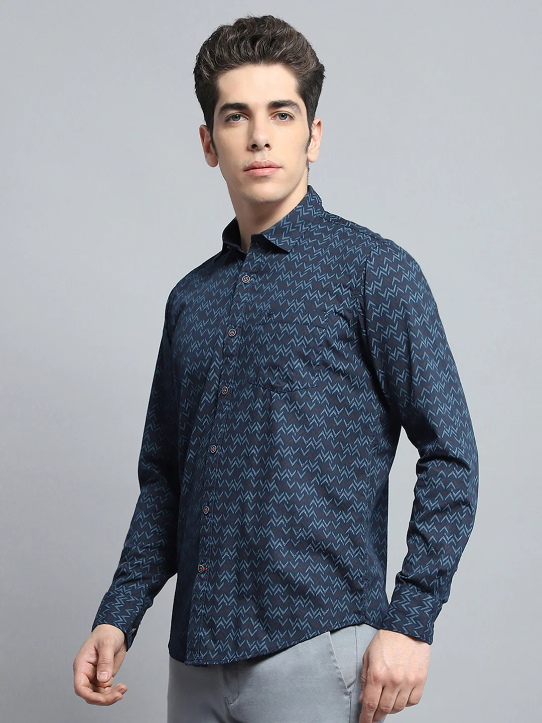 Men Navy Blue Printed Collar Full Sleeve Shirt - Image 3