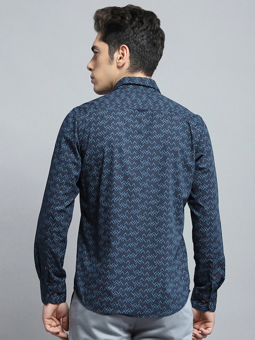 Men Navy Blue Printed Collar Full Sleeve Shirt - Image 5