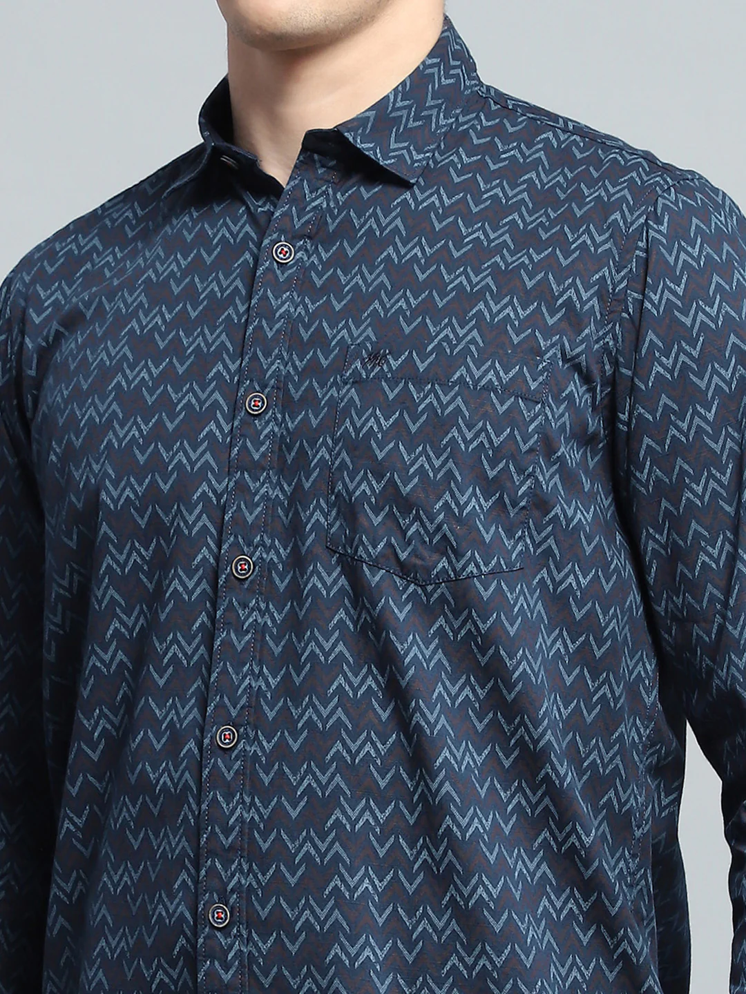 Men Navy Blue Printed Collar Full Sleeve Shirt - Image 6
