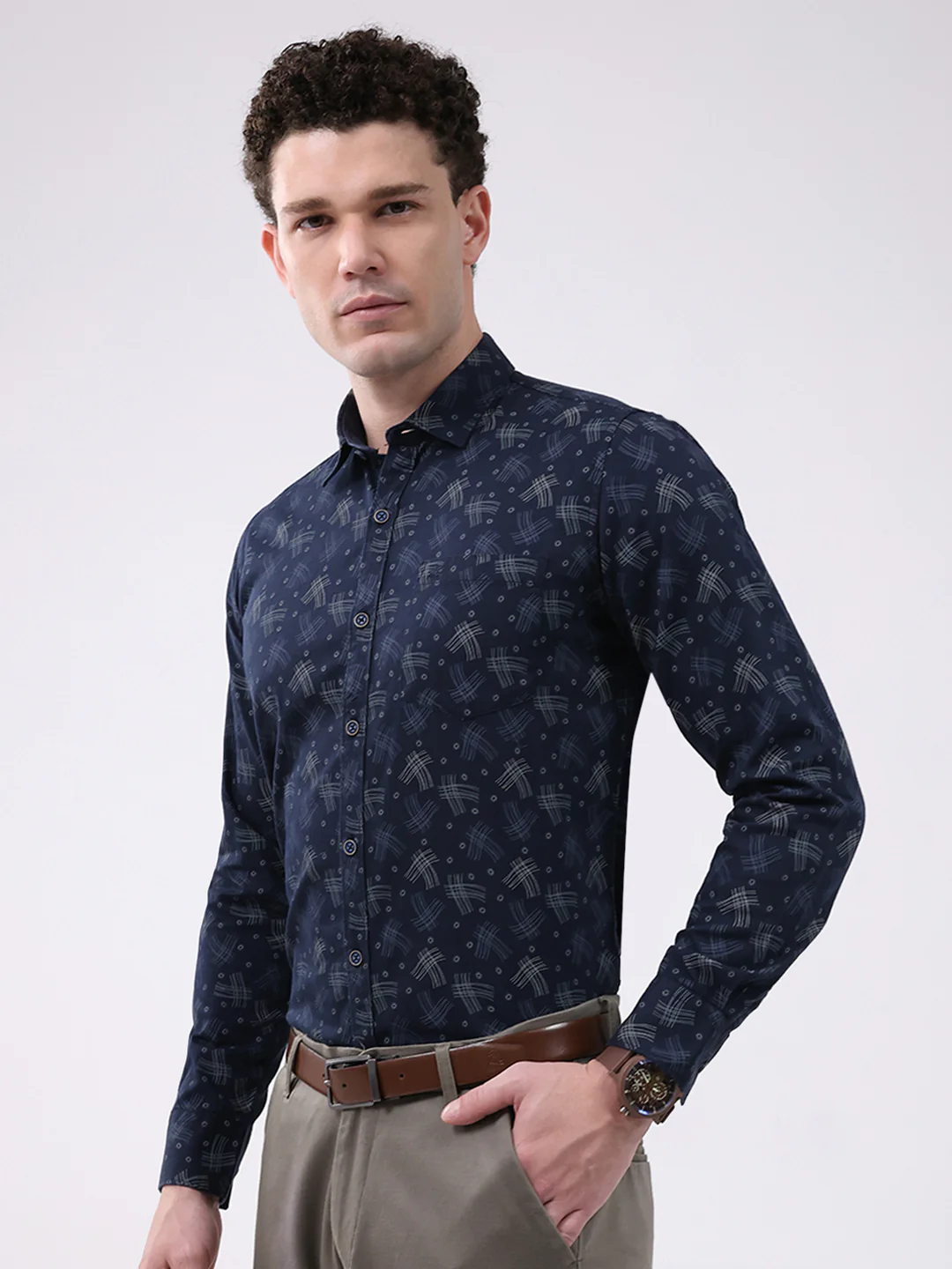 Men Navy Blue Printed Collar Full Sleeve Shirt - Image 3