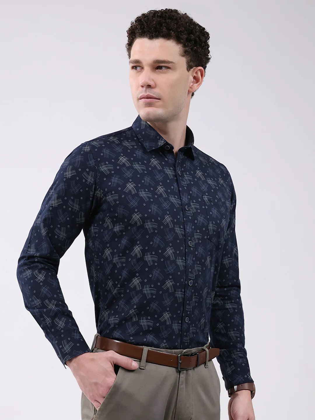 Men Navy Blue Printed Collar Full Sleeve Shirt - Image 4