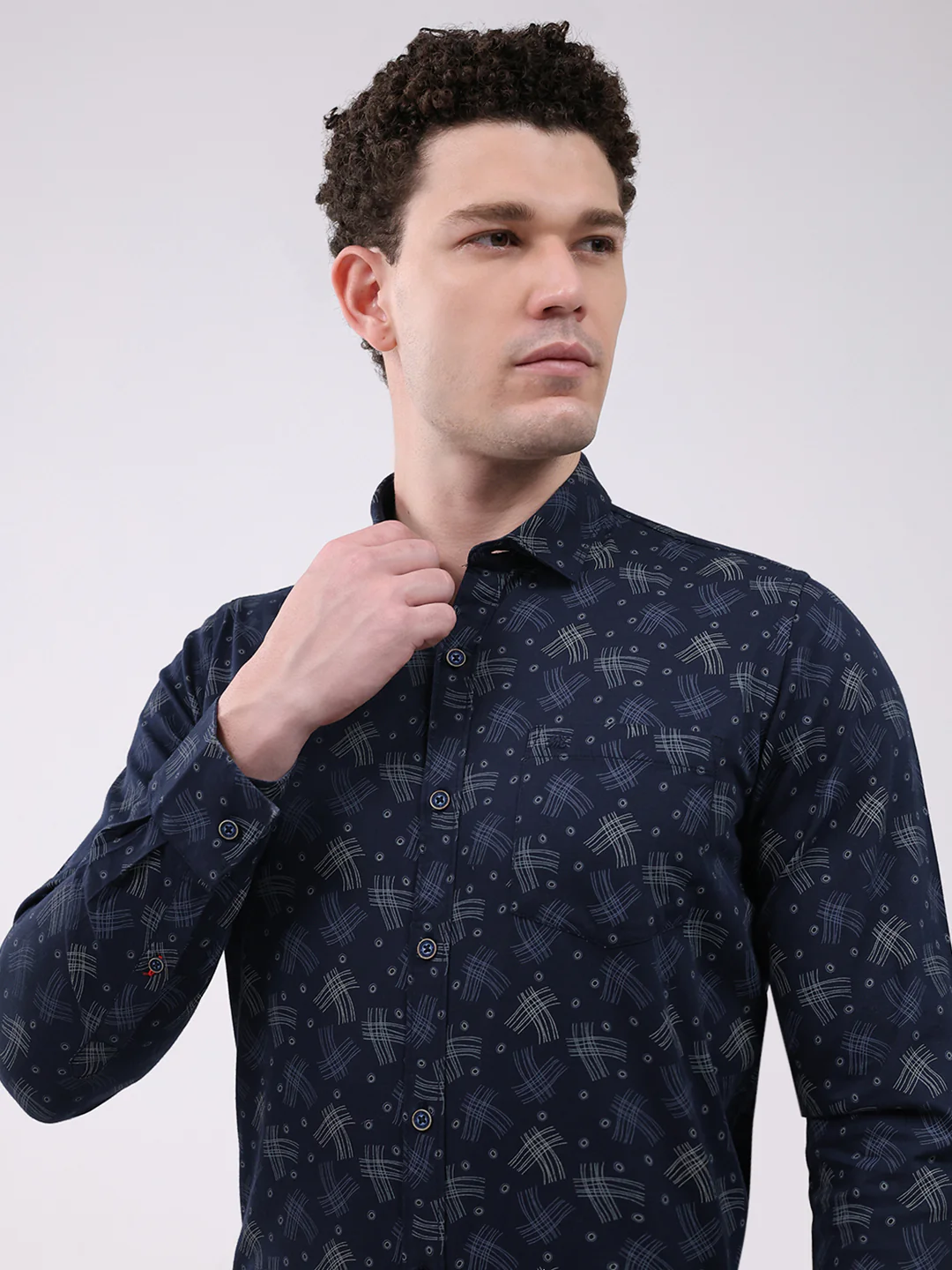 Men Navy Blue Printed Collar Full Sleeve Shirt - Image 6