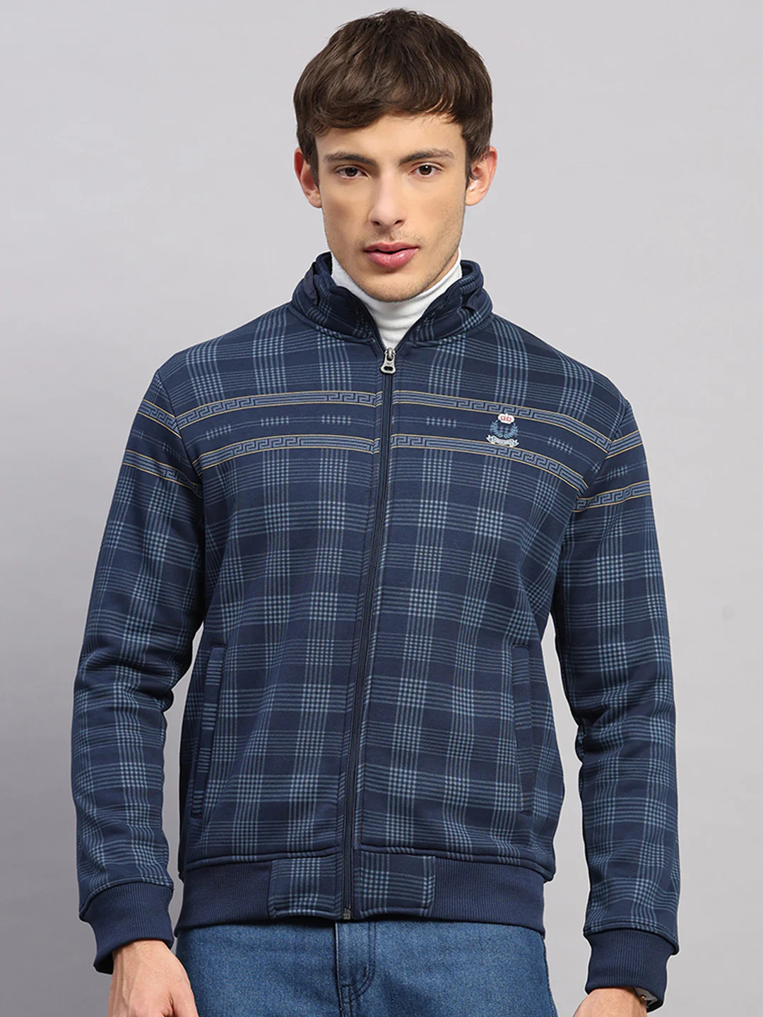 Men Navy Blue Printed Collar Full Sleeve Sweatshirt