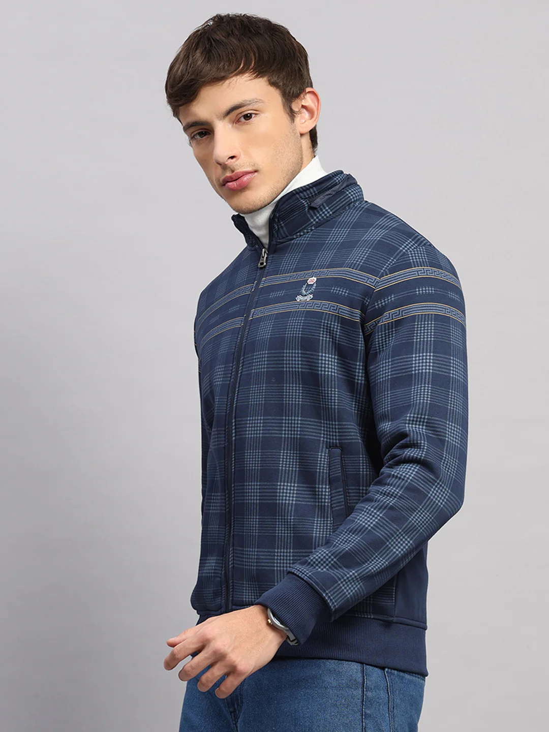 Men Navy Blue Printed Collar Full Sleeve Sweatshirt - Image 3