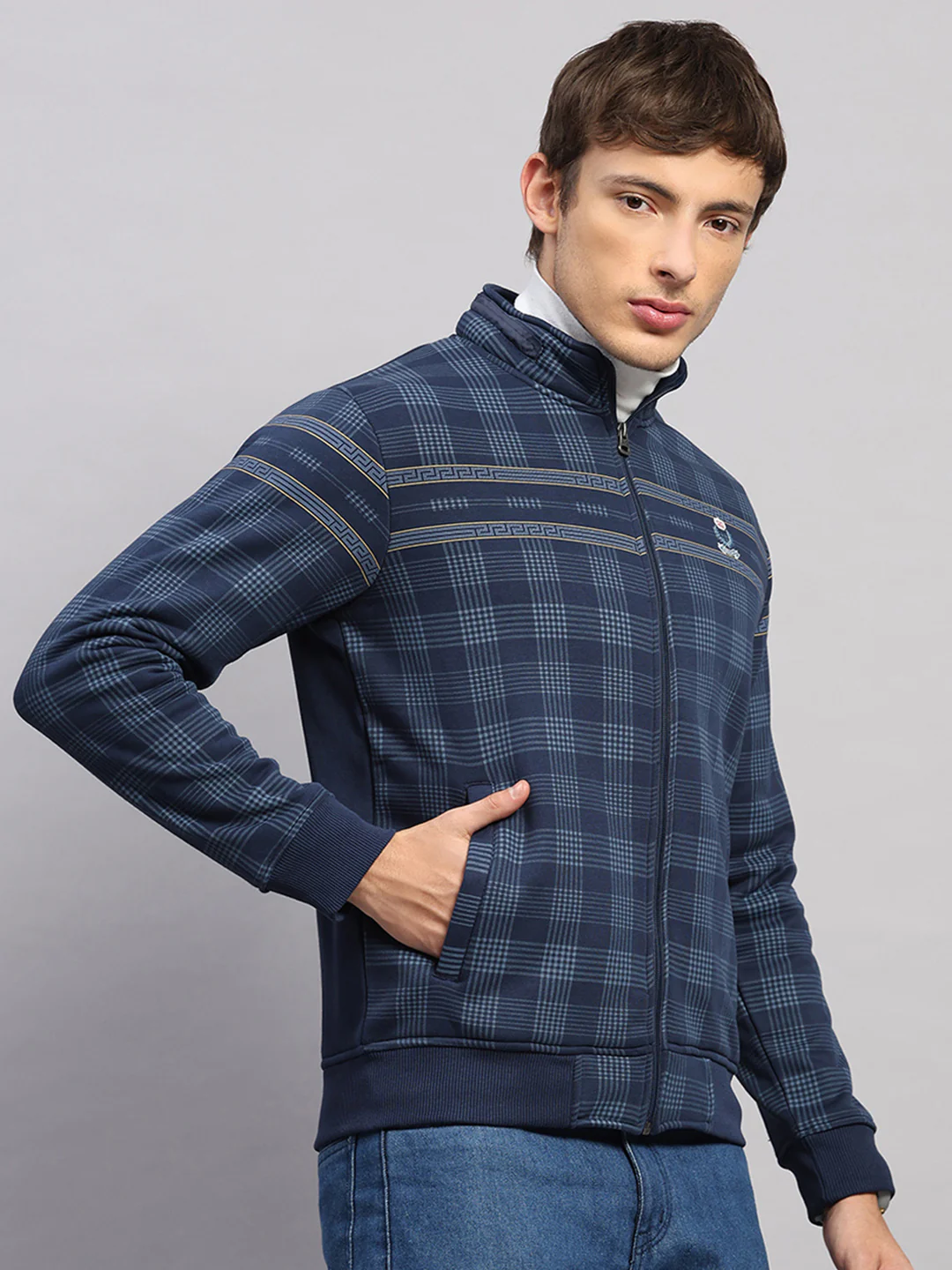 Men Navy Blue Printed Collar Full Sleeve Sweatshirt - Image 4