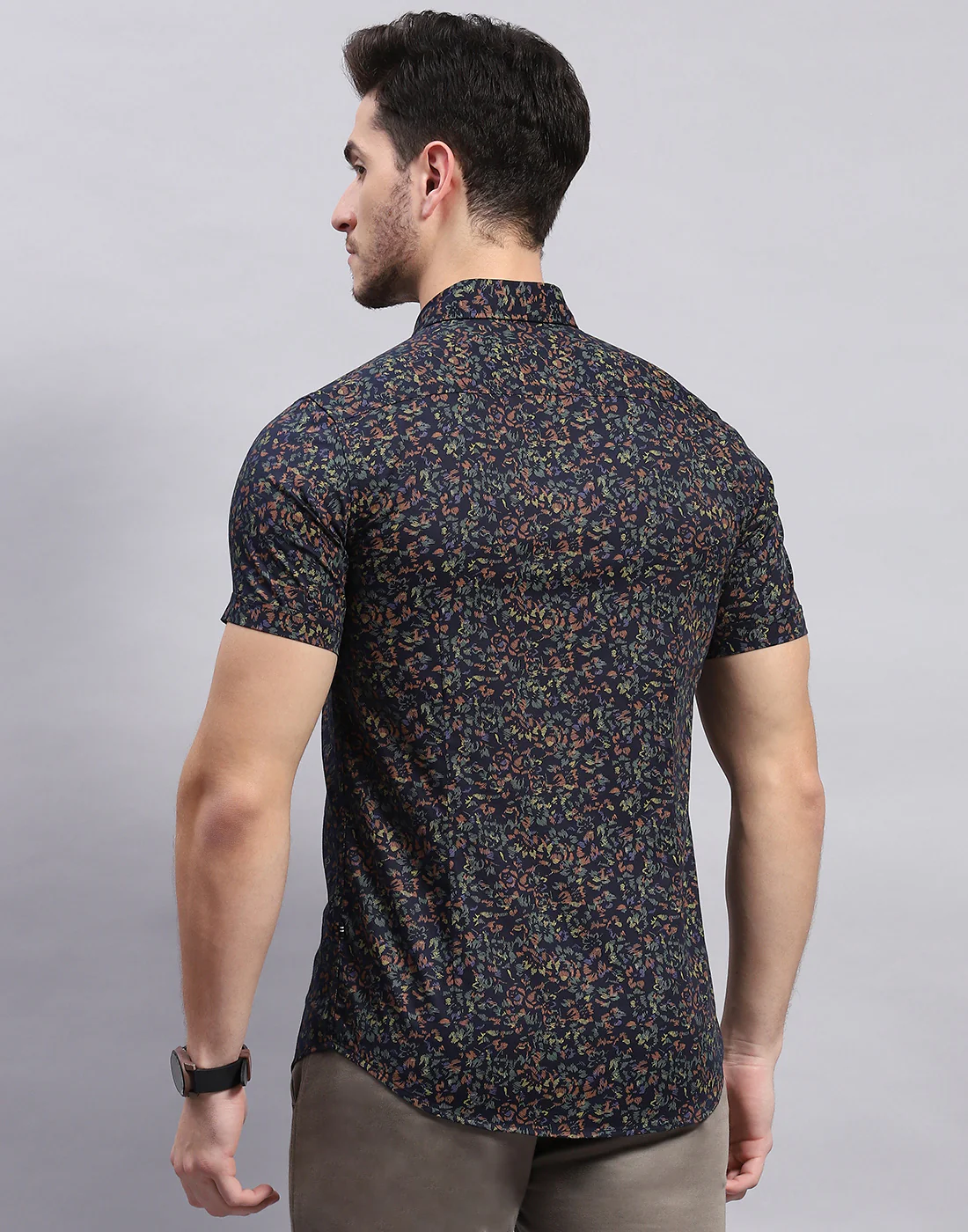 Men Navy Blue Printed Collar Half Sleeve Shirt - Image 5
