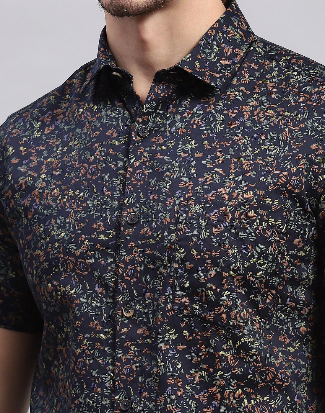 Men Navy Blue Printed Collar Half Sleeve Shirt - Image 6