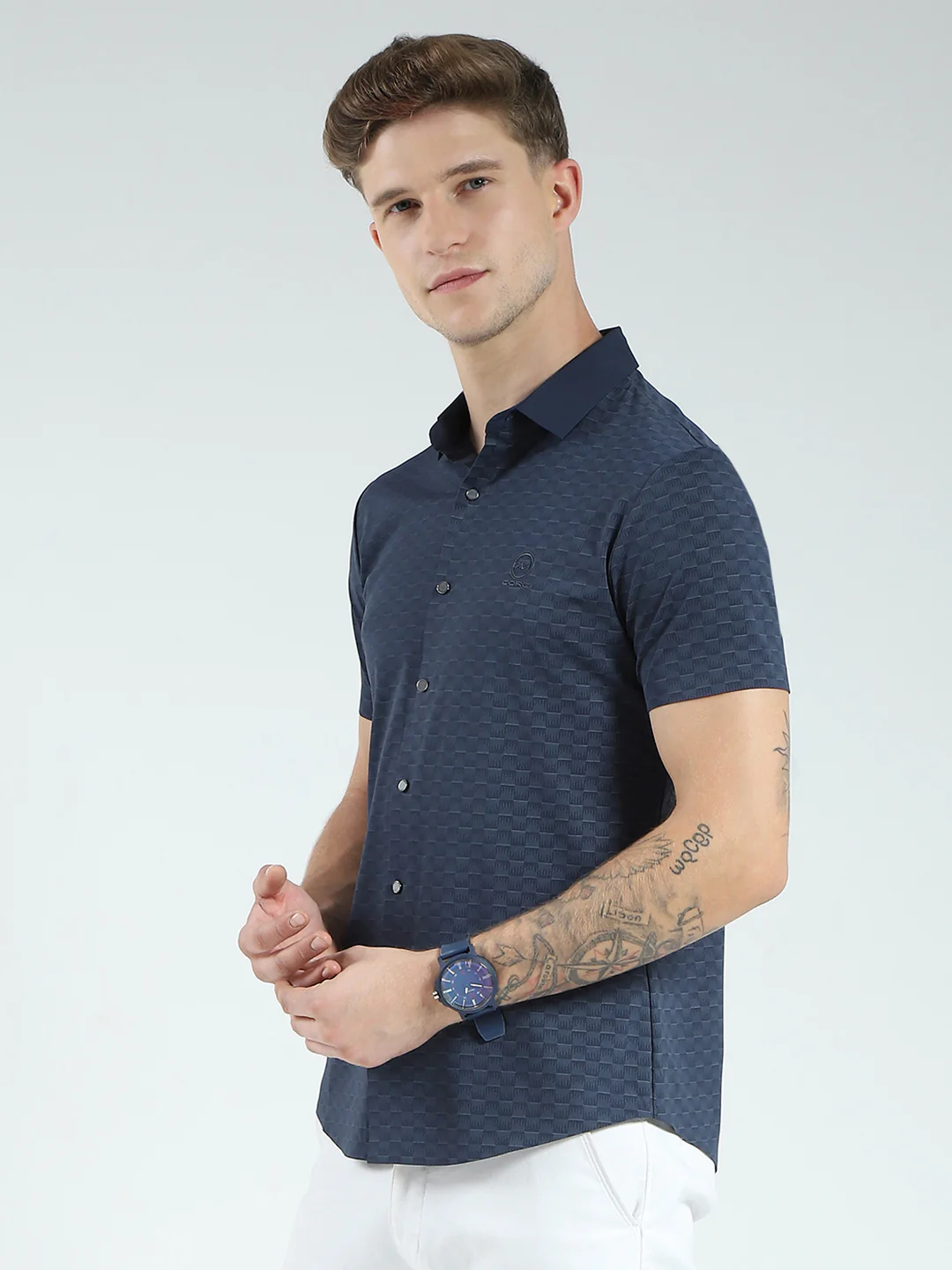 Men Navy Blue Printed Collar Half Sleeve Shirt - Image 3
