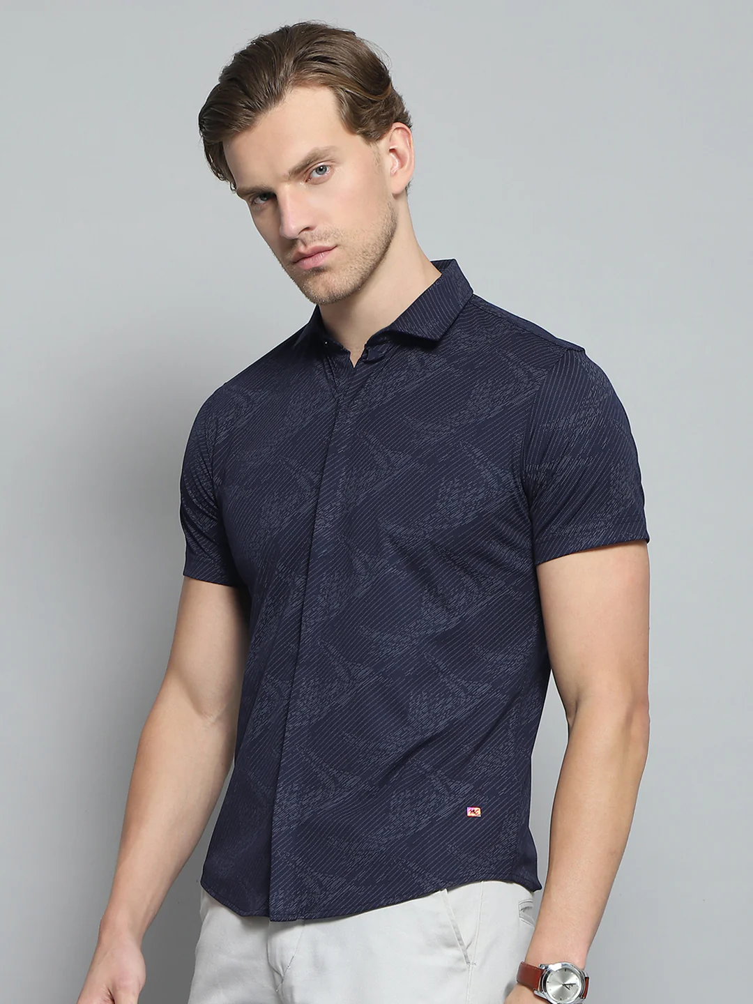 Men Navy Blue Printed Collar Half Sleeve Shirt - Image 3