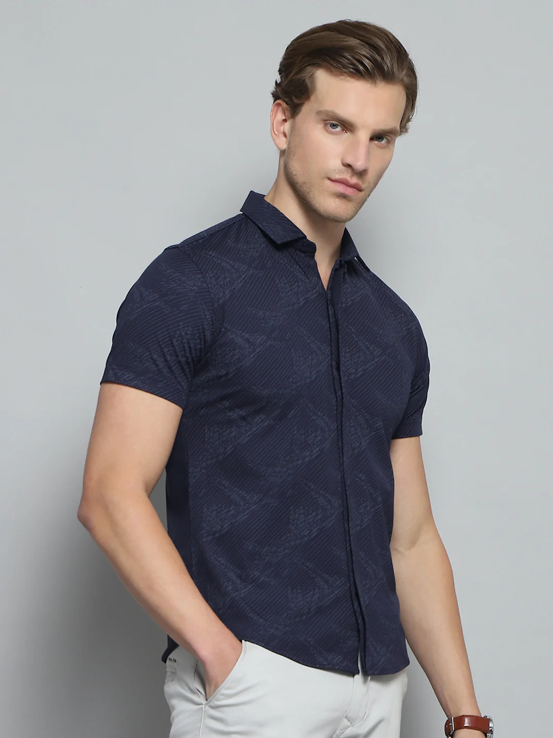 Men Navy Blue Printed Collar Half Sleeve Shirt - Image 4