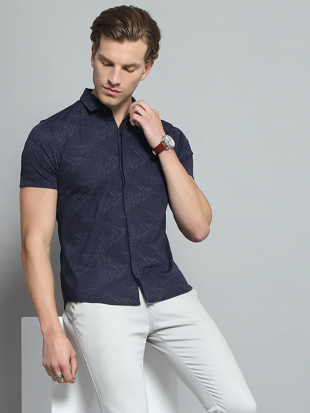 Men Navy Blue Printed Collar Half Sleeve Shirt - Image 6
