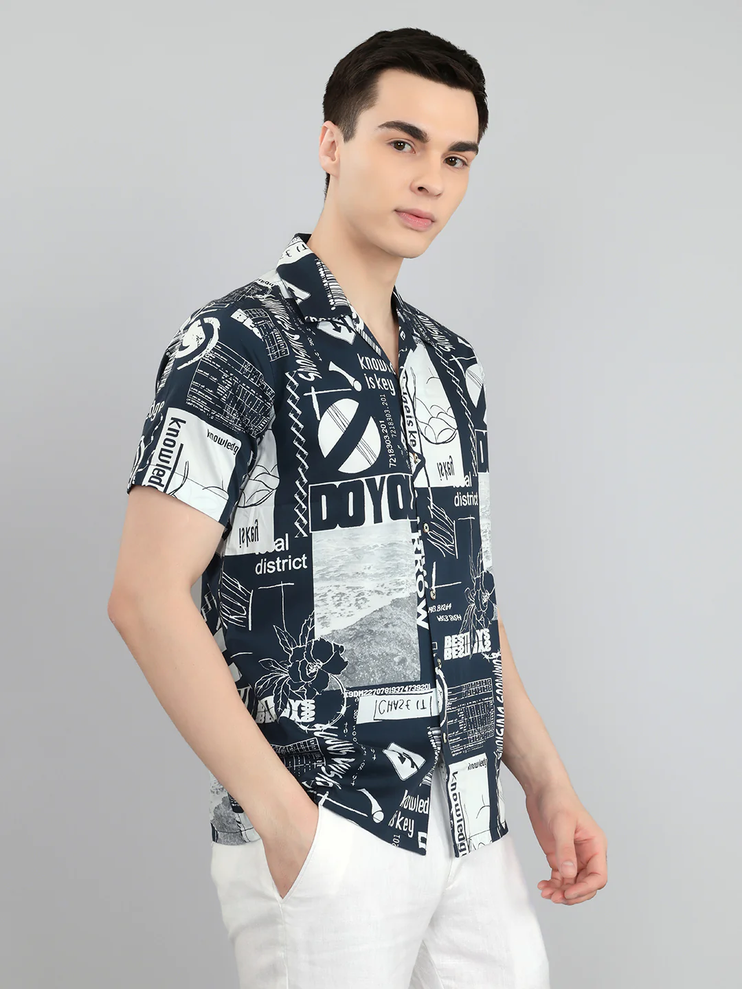 Men Navy Blue Printed Collar Half Sleeve Shirt - Image 3