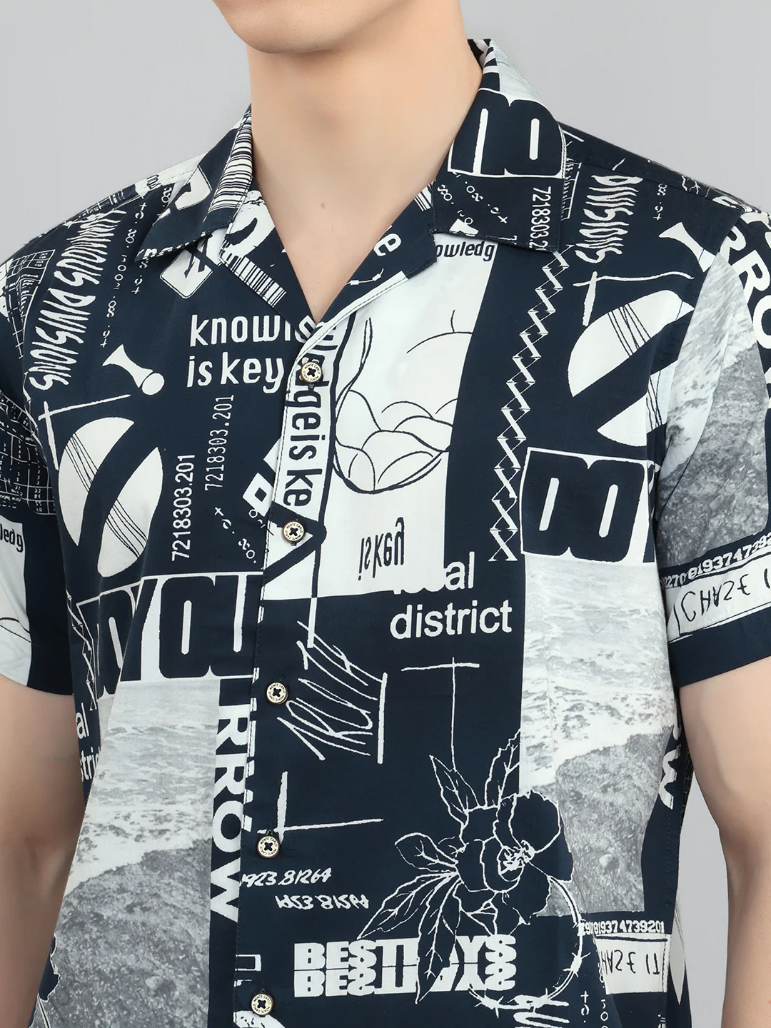 Men Navy Blue Printed Collar Half Sleeve Shirt - Image 5