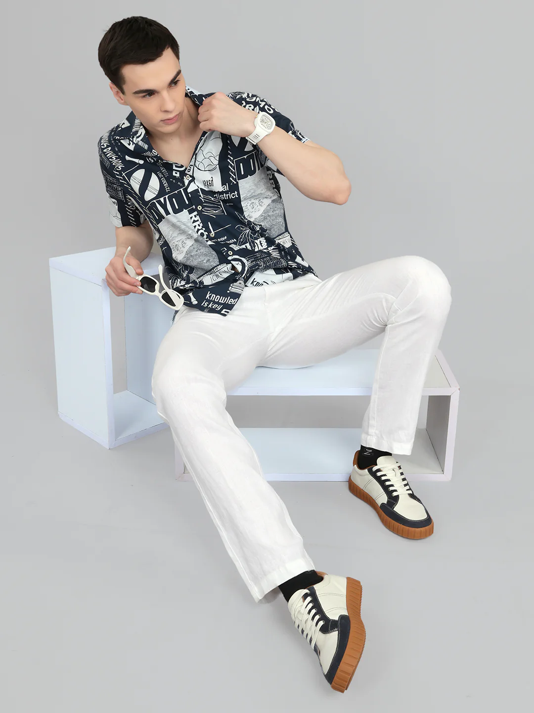 Men Navy Blue Printed Collar Half Sleeve Shirt - Image 6