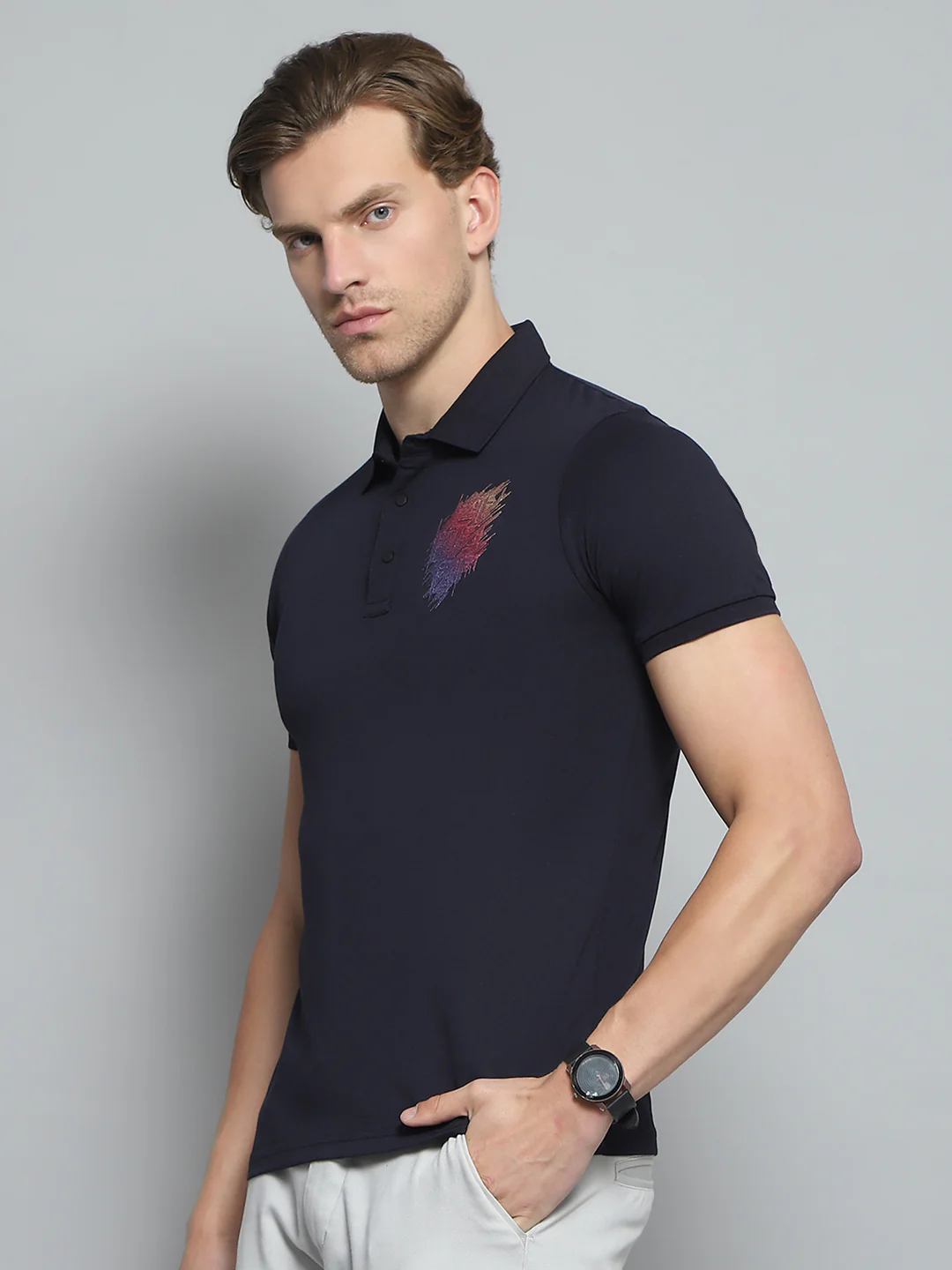 Men Navy Blue Printed Collar Half Sleeve T-Shirt - Image 3