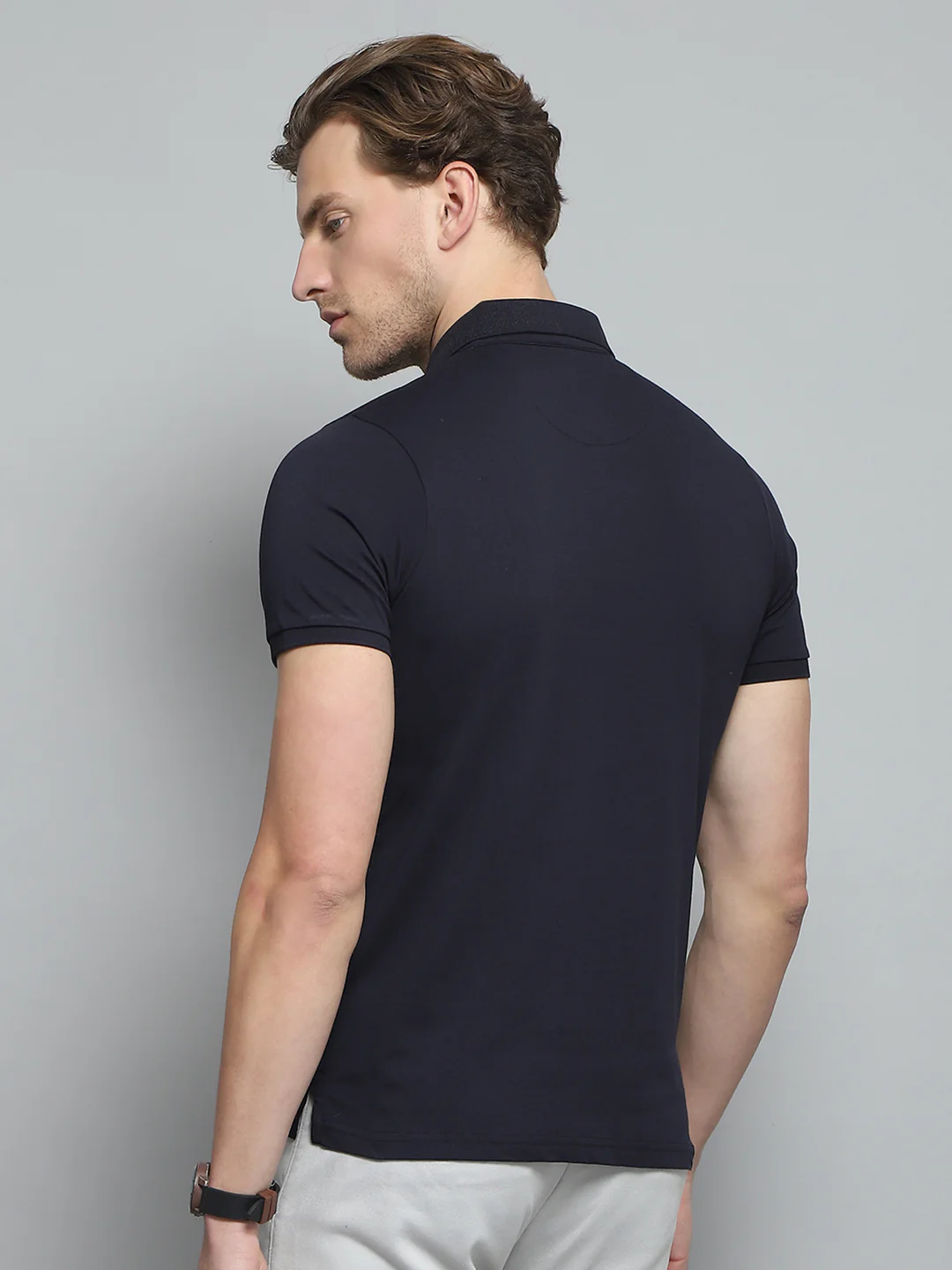Men Navy Blue Printed Collar Half Sleeve T-Shirt - Image 5