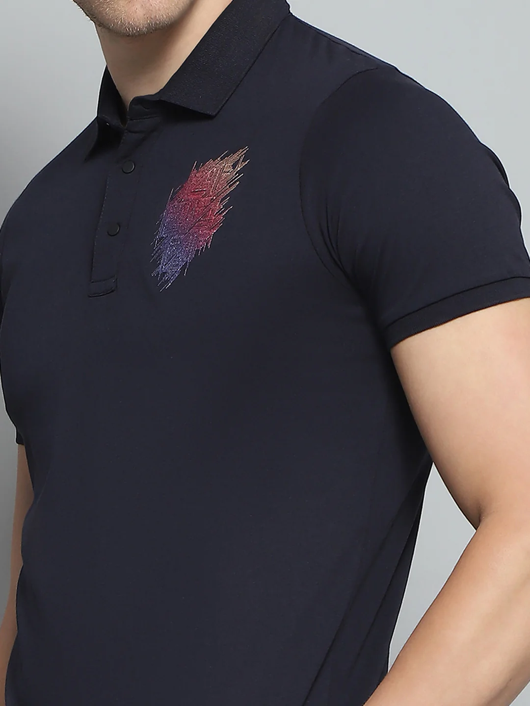 Men Navy Blue Printed Collar Half Sleeve T-Shirt - Image 6