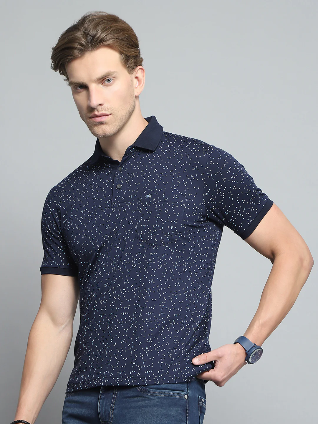 Men Navy Blue Printed Collar Half Sleeve T-Shirt - Image 3