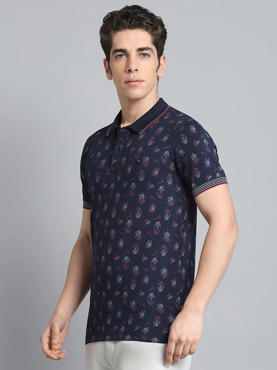 Men Navy Blue Printed Collar Half Sleeve T-Shirt - Image 3
