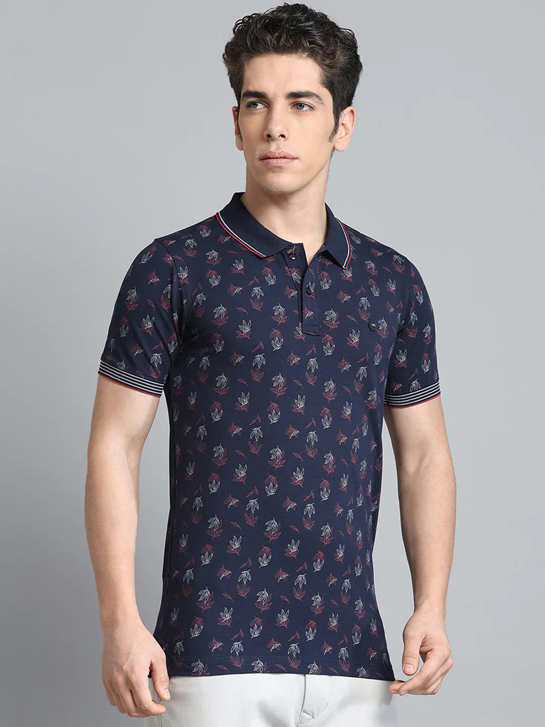 Men Navy Blue Printed Collar Half Sleeve T-Shirt - Image 4