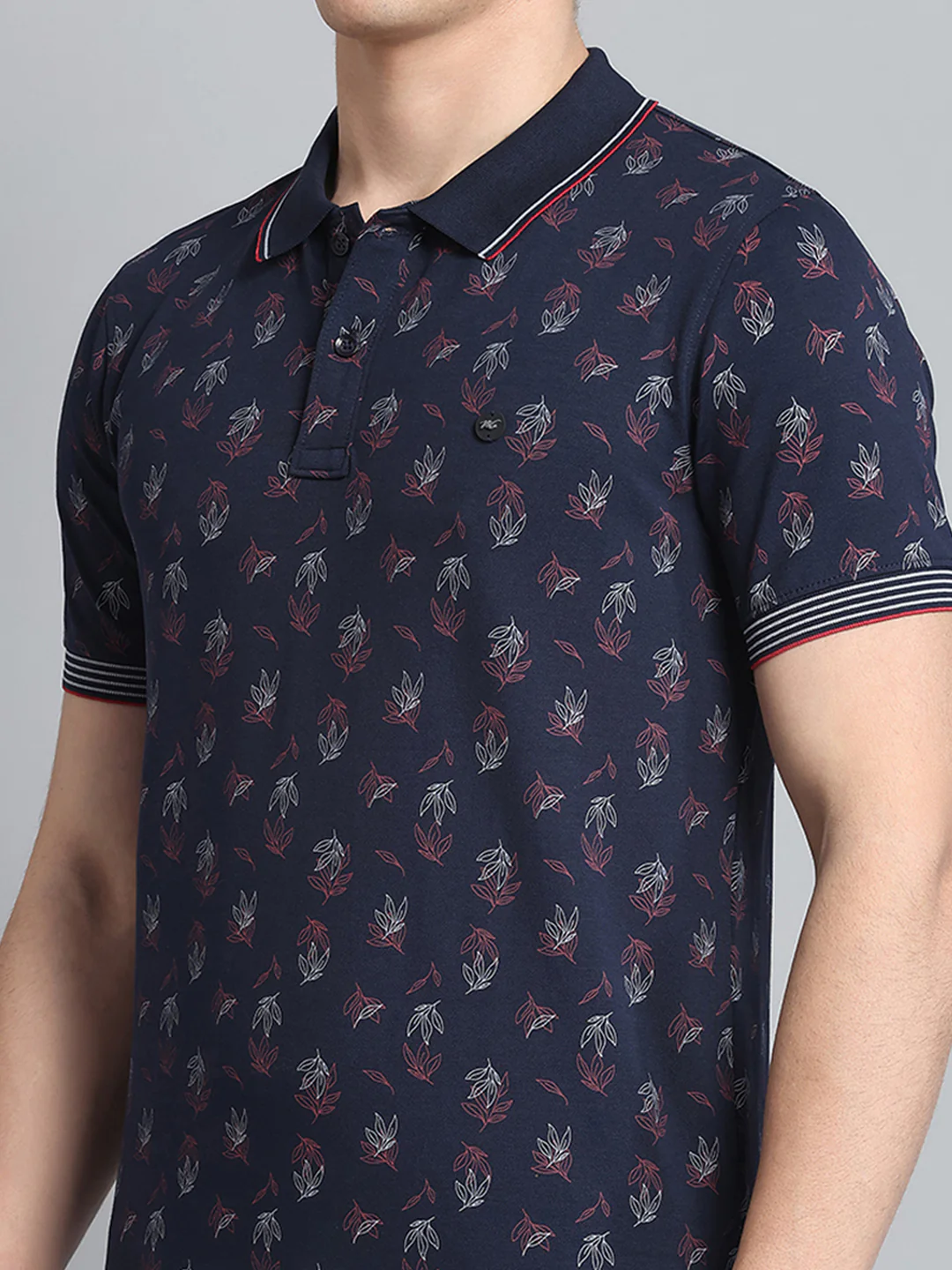 Men Navy Blue Printed Collar Half Sleeve T-Shirt - Image 6