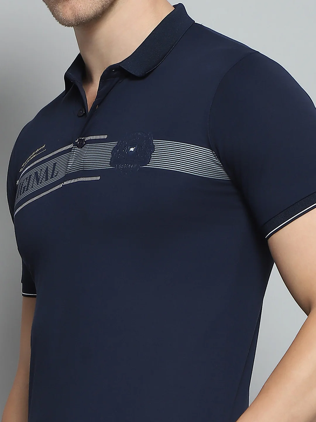 Men Navy Blue Printed Collar Half Sleeve T-Shirt - Image 7
