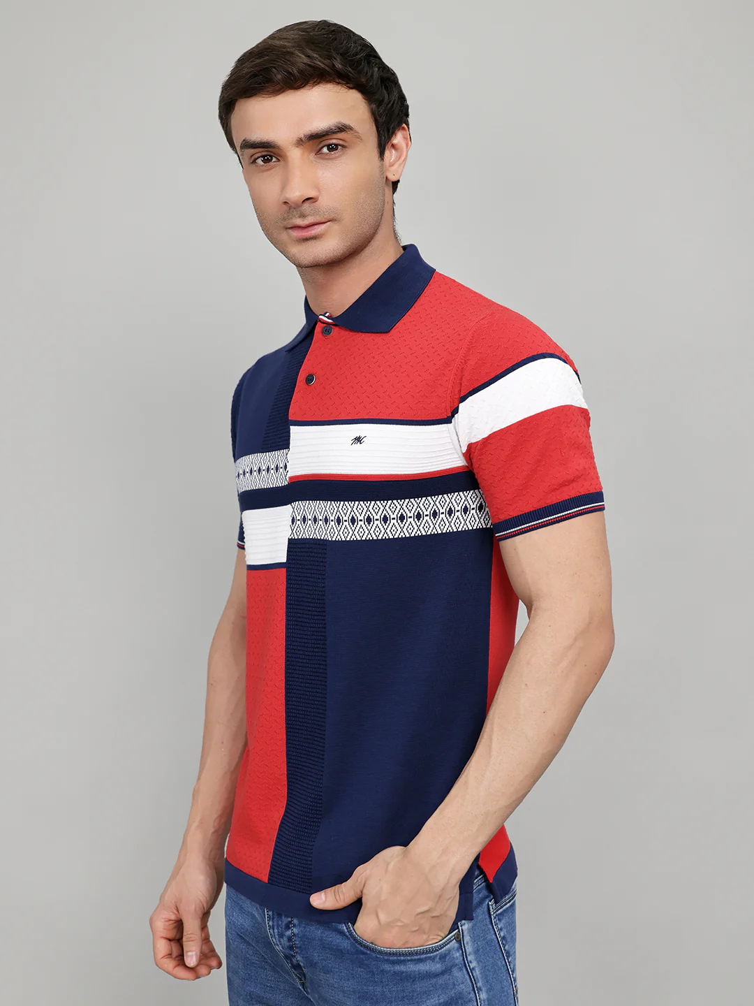 Men Navy Blue Printed Collar Half Sleeve T-Shirt - Image 2