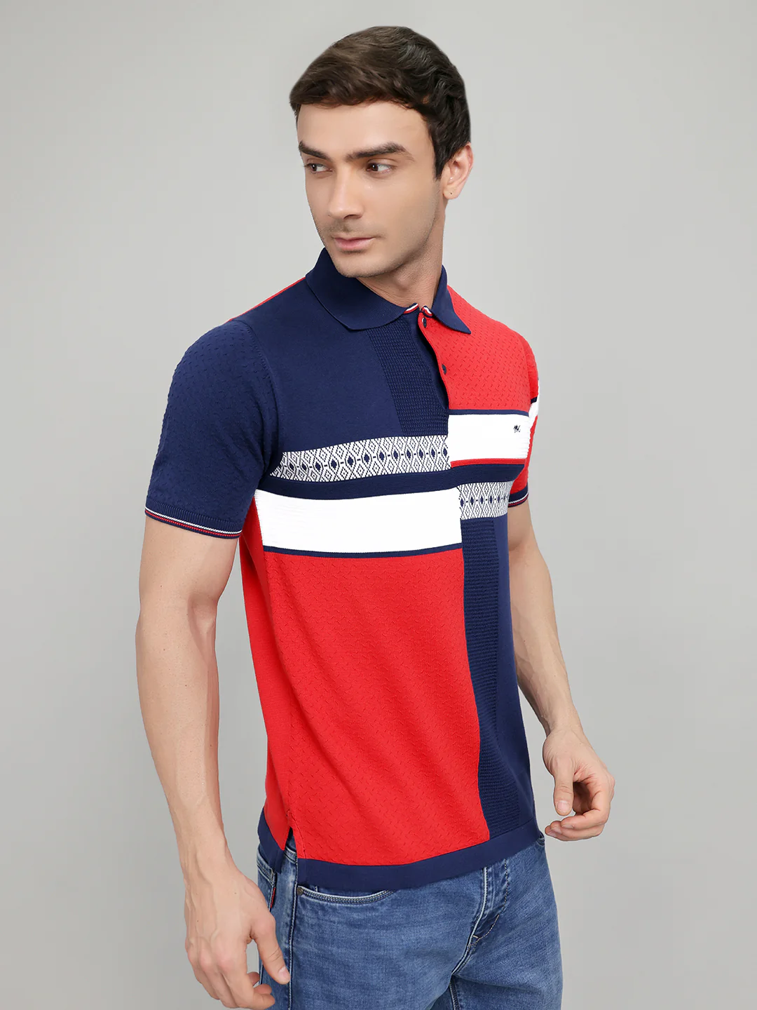 Men Navy Blue Printed Collar Half Sleeve T-Shirt - Image 3