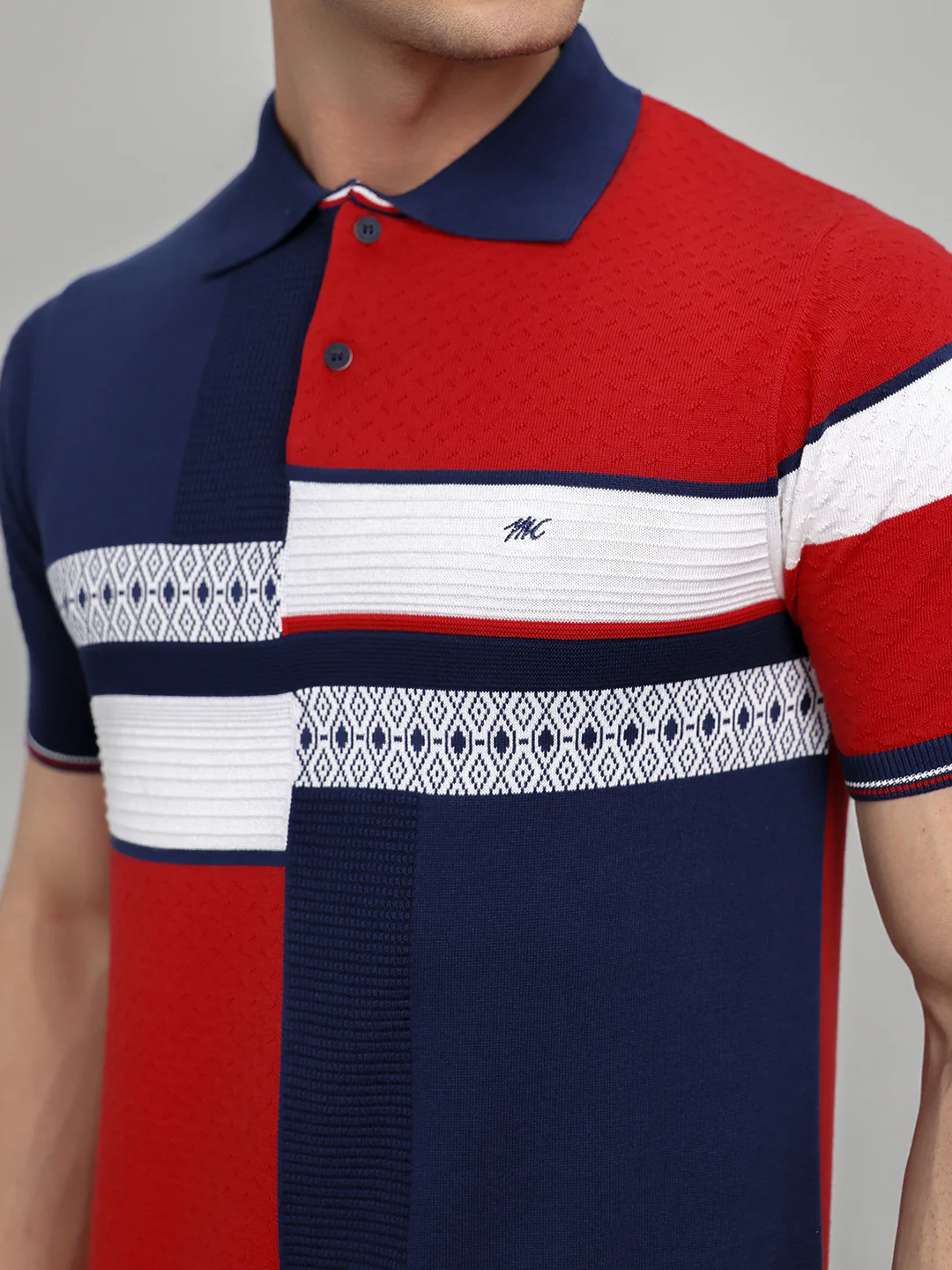 Men Navy Blue Printed Collar Half Sleeve T-Shirt - Image 5