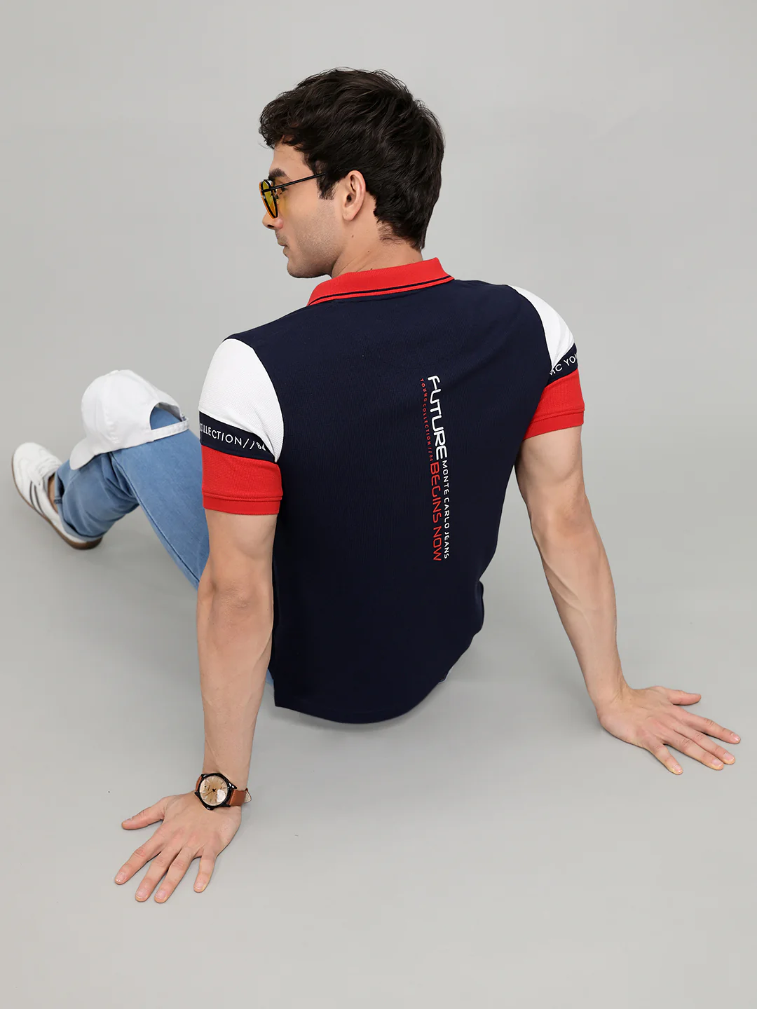 Men Navy Blue Printed Collar Half Sleeve T-Shirt - Image 7