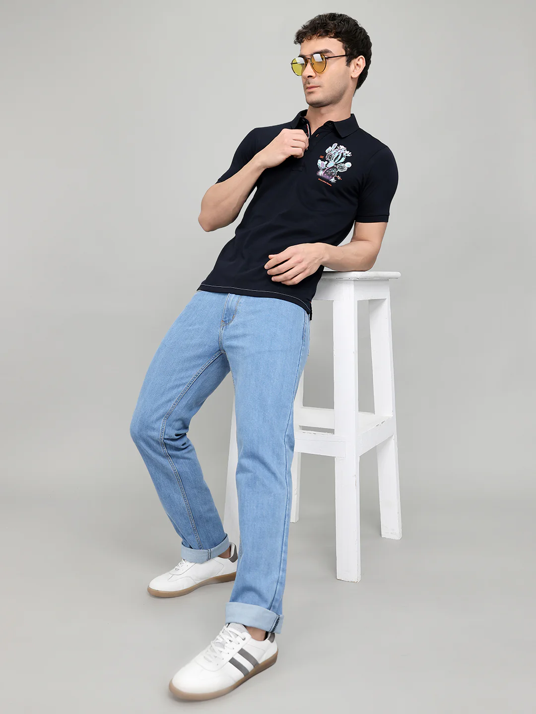 Men Navy Blue Printed Collar Half Sleeve T-Shirt - Image 6